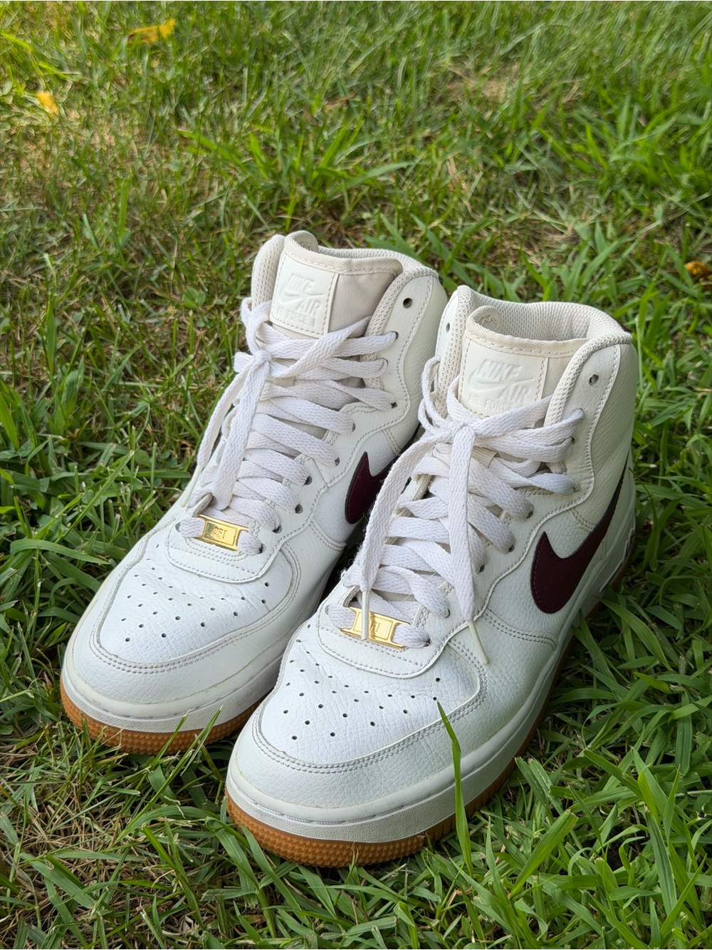 Nike Air Force 1 High Top Sneakers in Off-White with Maroon Swoosh